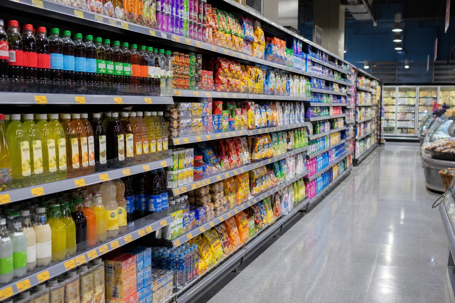 Góndola de supermercado con productos, facing y etiquetas de precio listos para auditar