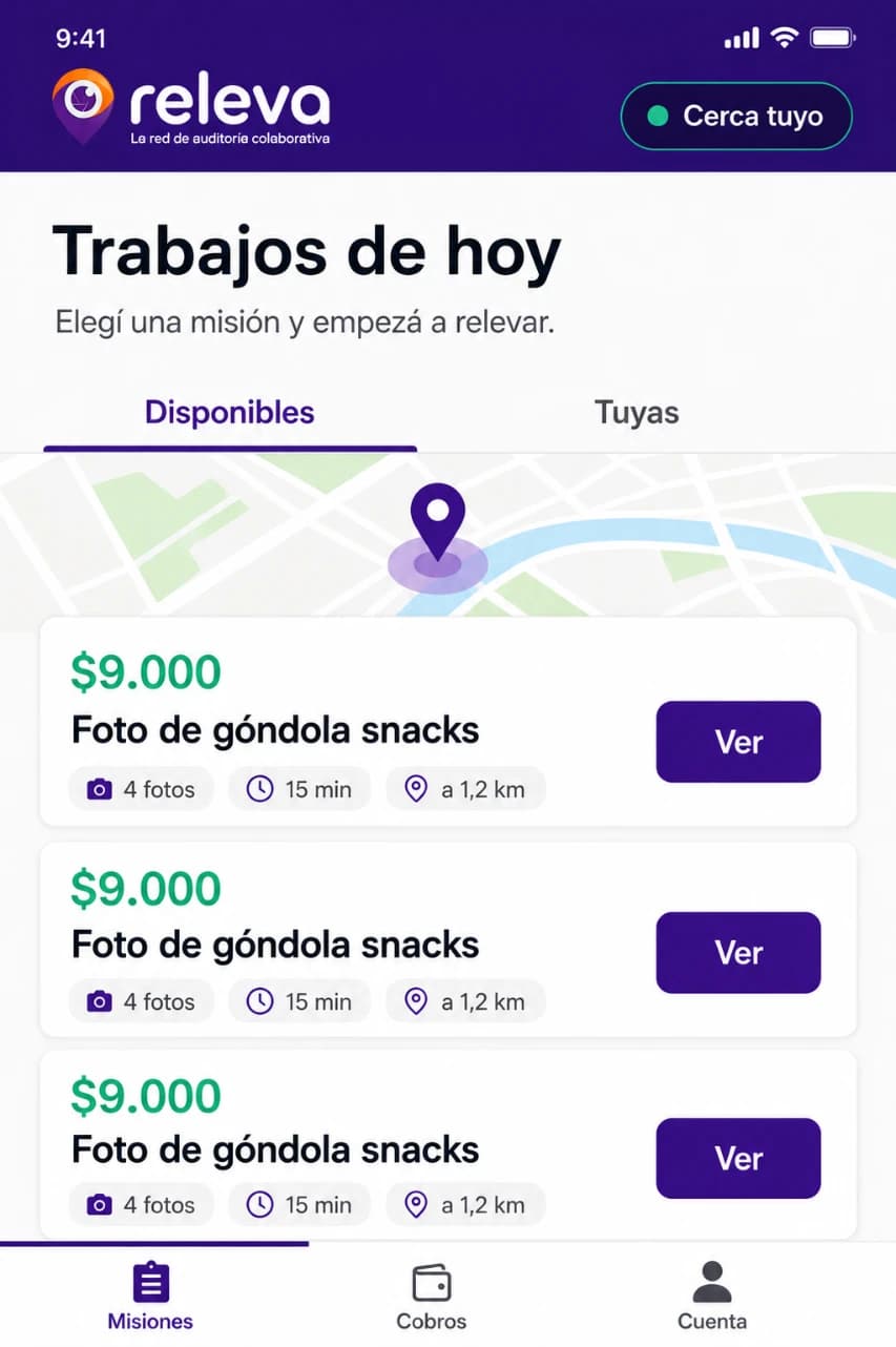 Vista previa de la app RELEVA con trabajos y montos en pesos